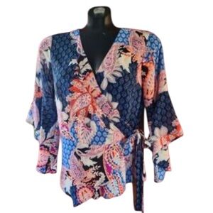 Chenault Flowy Patchwork Wrap Around Floral Blouse Bell Sleeves Size M